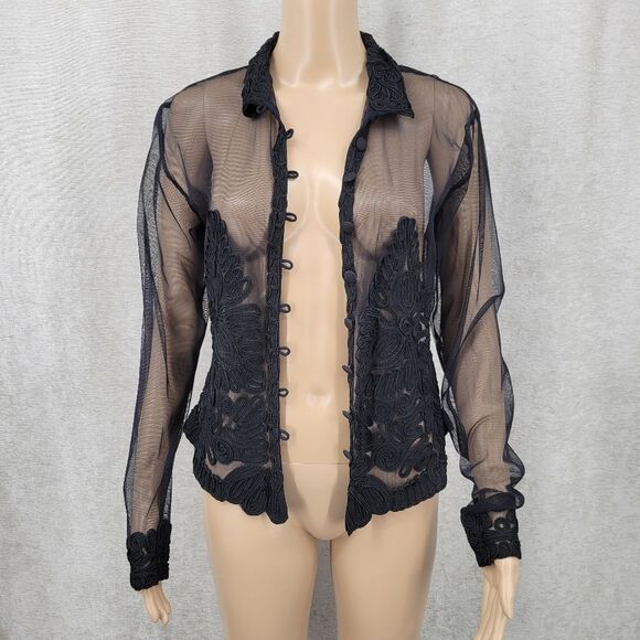 Vintage Sheer Black Soutache Embroidery Button Up Blouse Mobwife Mesh  Illusion - Picture 2 of 13